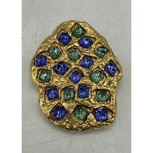Vintage Reny Dis Paris Brooch Pin Gold Blue Green Large Gorgeous